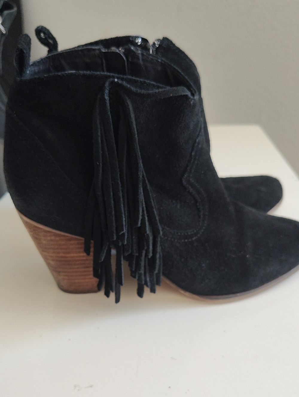 Steve Madden Black Suede Fringe Ankle Booties with Stacked Heel